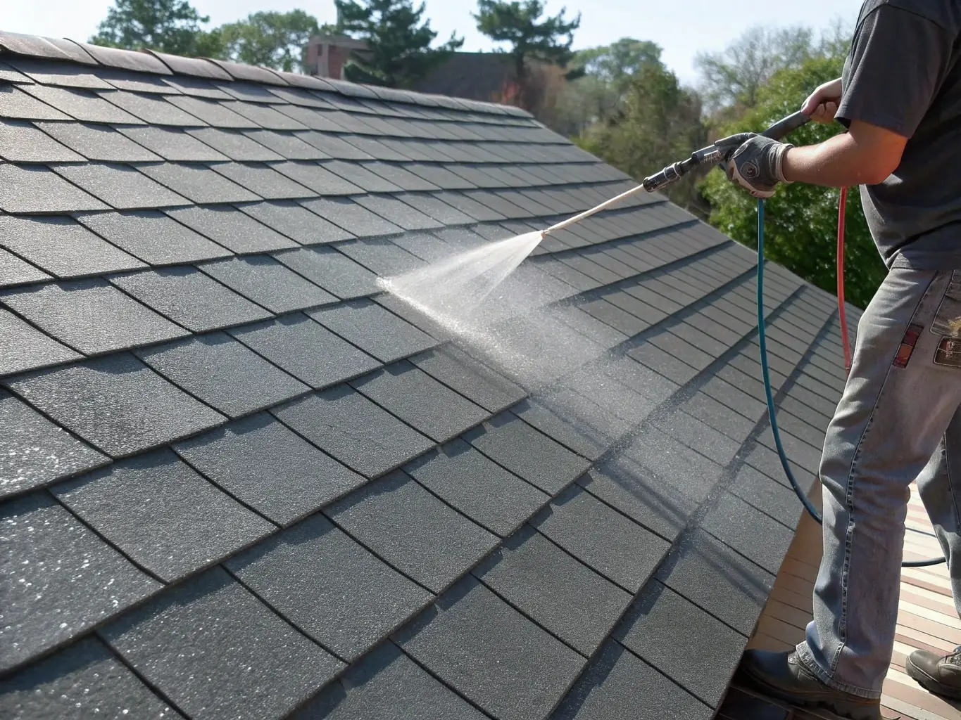 A roof being treated with roof rejuvenation products, illustrating the roof rejuvenation services offered by Storm Nation Roofing.