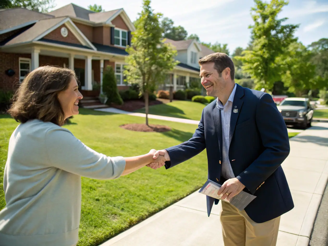 A satisfied homeowner shaking hands with a Storm Nation Roofing representative after a successful roof repair, symbolizing trust and customer satisfaction.