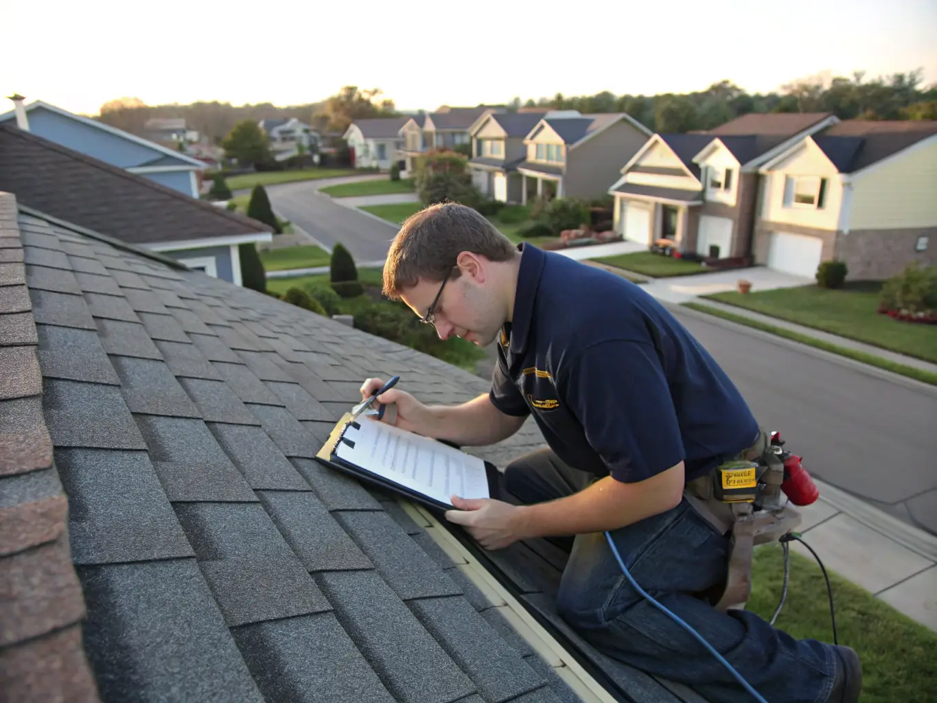 A professional roofing technician from Storm Nation Roofing inspecting a roof for potential damage, using safety equipment and a focused approach.